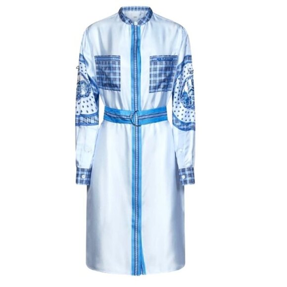 NWT Burberry Women’s 100% Silk Sky Blue Print Plaid Dress USA Size 8, UK Size 10 - Picture 1 of 11